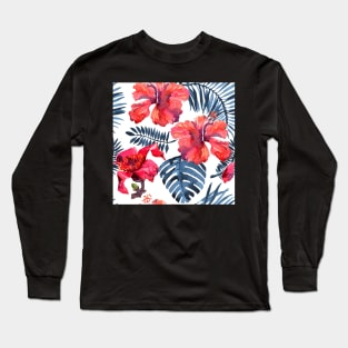 Watercolor tropical leaves and plants. Hand painted jungle greenery background Long Sleeve T-Shirt